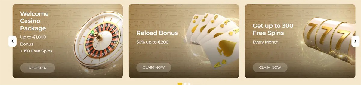 Three beige promo cards in a carousel: “Welcome Casino Package” (up to €1,000 bonus + 150 free spins) with a roulette wheel and “Register” button; “Reload Bonus” (50% up to €200) with playing cards and “Claim now”; and “Get up to 300 Free Spins every month” with a 777 slot reel and “Claim now,” with left/right arrows.
