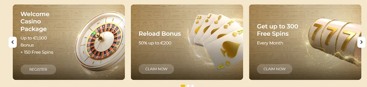 Three beige promo cards in a carousel: “Welcome Casino Package” (up to €1,000 bonus + 150 free spins) with a roulette wheel and “Register” button; “Reload Bonus” (50% up to €200) with playing cards and “Claim now”; and “Get up to 300 Free Spins every month” with a 777 slot reel and “Claim now,” with left/right arrows.