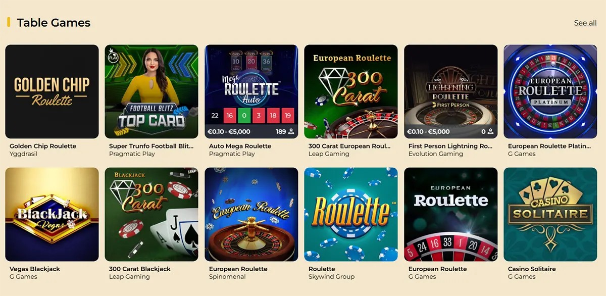 “Table Games” section showing a grid of game tiles, mostly roulette and blackjack: Golden Chip Roulette, Auto Mega Roulette, 300 Carat European Roulette, First Person Lightning Roulette, European Roulette Platinum, Vegas Blackjack, 300 Carat Blackjack, European Roulette, Roulette, and Casino Solitaire, with a “See all” link in the top-right.