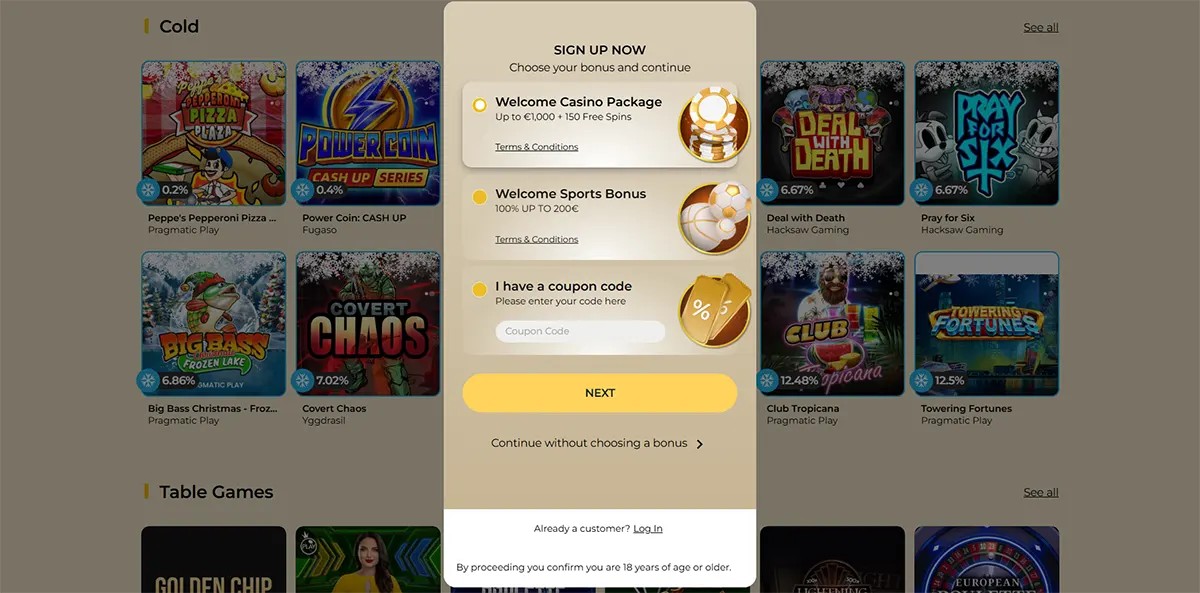 Sign-up overlay screen asking users to choose a bonus, showing “Welcome Casino Package (Up to €1,000 + 150 Free Spins)” and “Welcome Sports Bonus,” a coupon code field, and a yellow “Next” button, with blurred game tiles in the background.