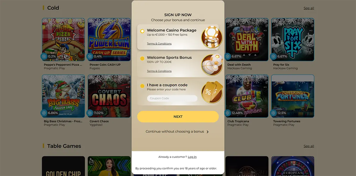 Sign-up overlay screen asking users to choose a bonus, showing “Welcome Casino Package (Up to €1,000 + 150 Free Spins)” and “Welcome Sports Bonus,” a coupon code field, and a yellow “Next” button, with blurred game tiles in the background.